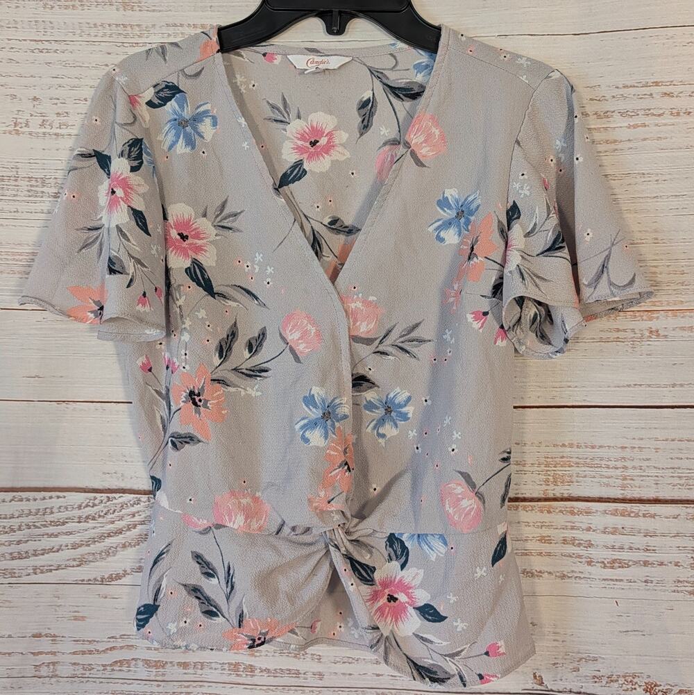 Candies Floral Short Sleeve Top Size XS Knot Front Peplum Waist Flutter Sleeve